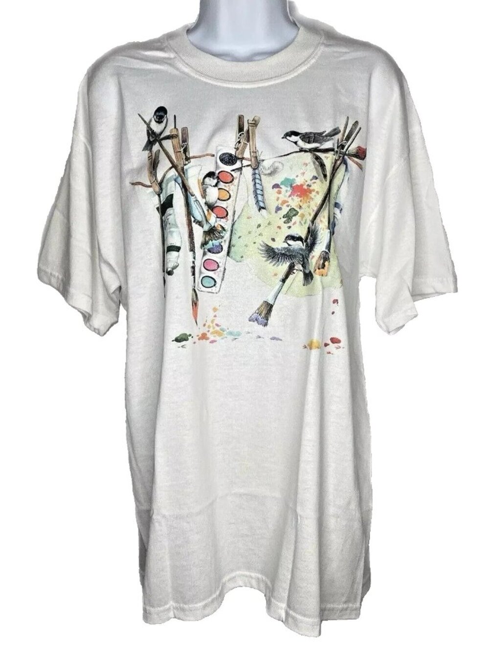 Vintage Y2K Jerzees White T-shirt Size L Bird Paint Painting Art Artist Glitter